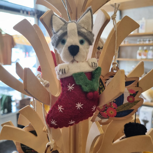 Husky in Stocking Christmas Tree Decoration