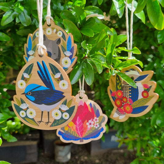 Australian Christmas Illustrated Wooden Decorations - Shaped