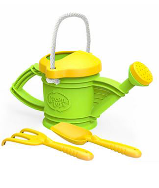 Green Toy Watering Can with Rake & Shovel
